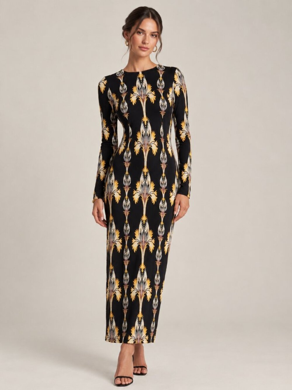 Suno Art Deco Botanical Iris Print Column Maxi Dress Black Yellow White Size 8